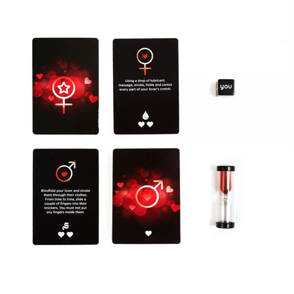 The product image shows the packaging of the "You and Me Game," which is designed with a purple background featuring hearts and text. The box contains various game cards, including 90 bedroom challenges, aimed at spicing up intimate moments.