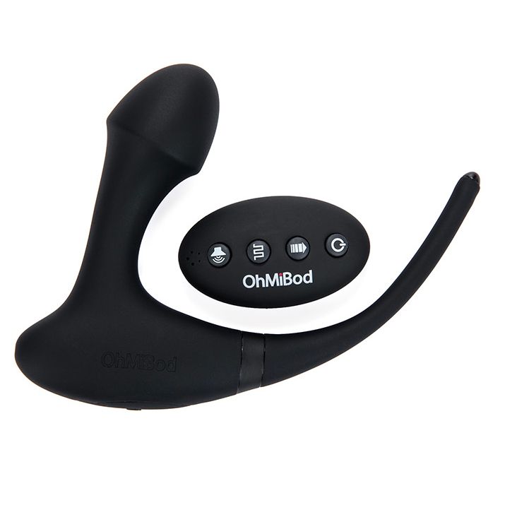 A black, curved vibrating plug with a smooth surface. The handle has three buttons for controlling the settings, labeled with the brand 'OhMiBod'.