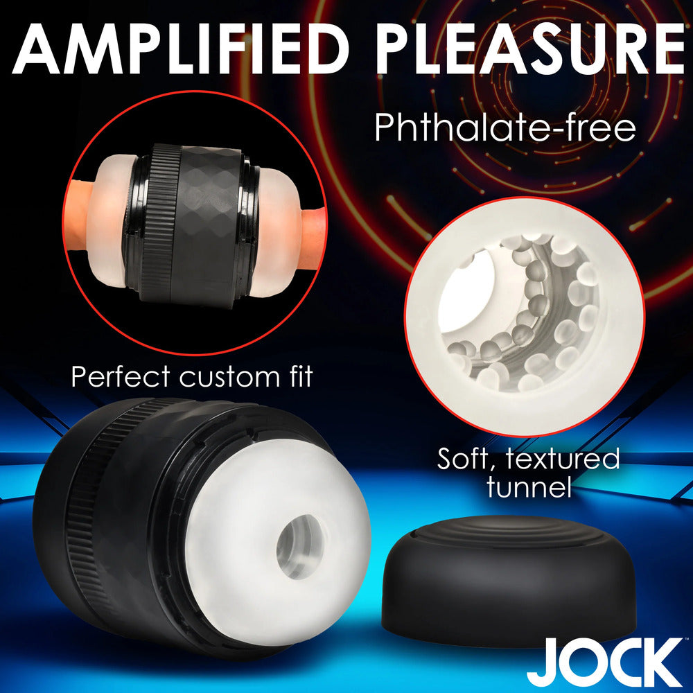 Sexual product with 'Amplified Pleasure' text and 'JOCK' branding on a dark background.