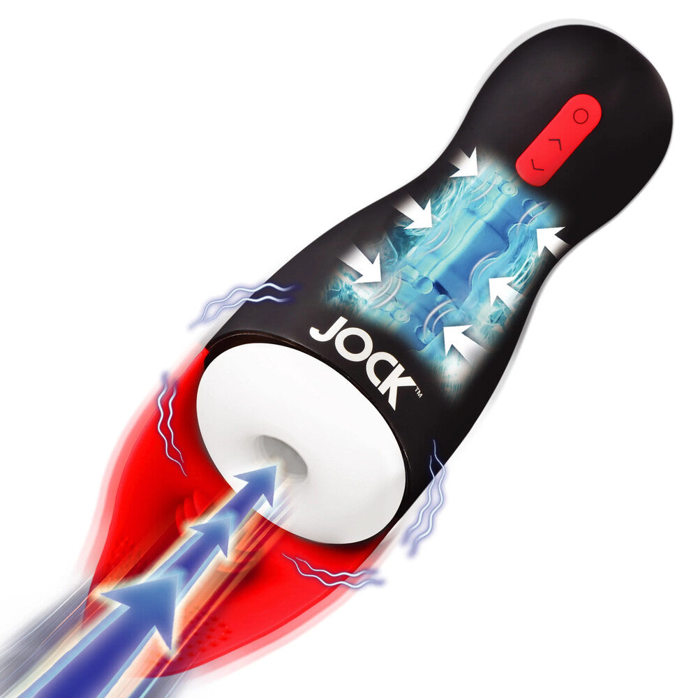 The product is a male masturbation toy featuring a black and red design with a white textured tunnel. It has control buttons for suction and vibration functions, and a removable sleeve for easy cleaning.