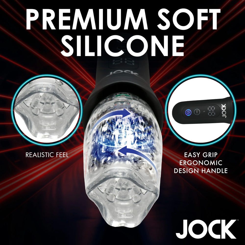 The image shows the Jock Spinning Thursting and Vibrating Masturbator, highlighting its features such as the realistic feel, ergonomic design handle, and premium soft silicone material. The product is predominantly black with a clear, TPE sleeve and a blue and white design emphasizing its functionality.
