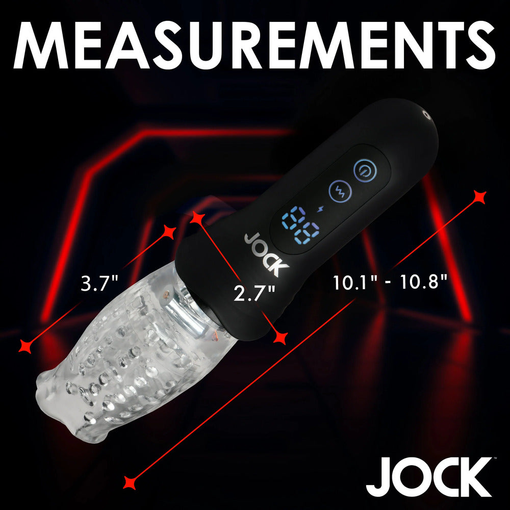 Measurement details of a Jock product with red accents on a black background