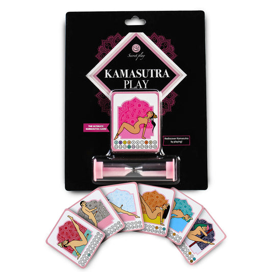 The product image shows the packaging and multiple cards of the Kamasutra Play Card Game. The packaging is predominantly black with pink accents, and the cards display various illustrations related to the Kamasutra positions.