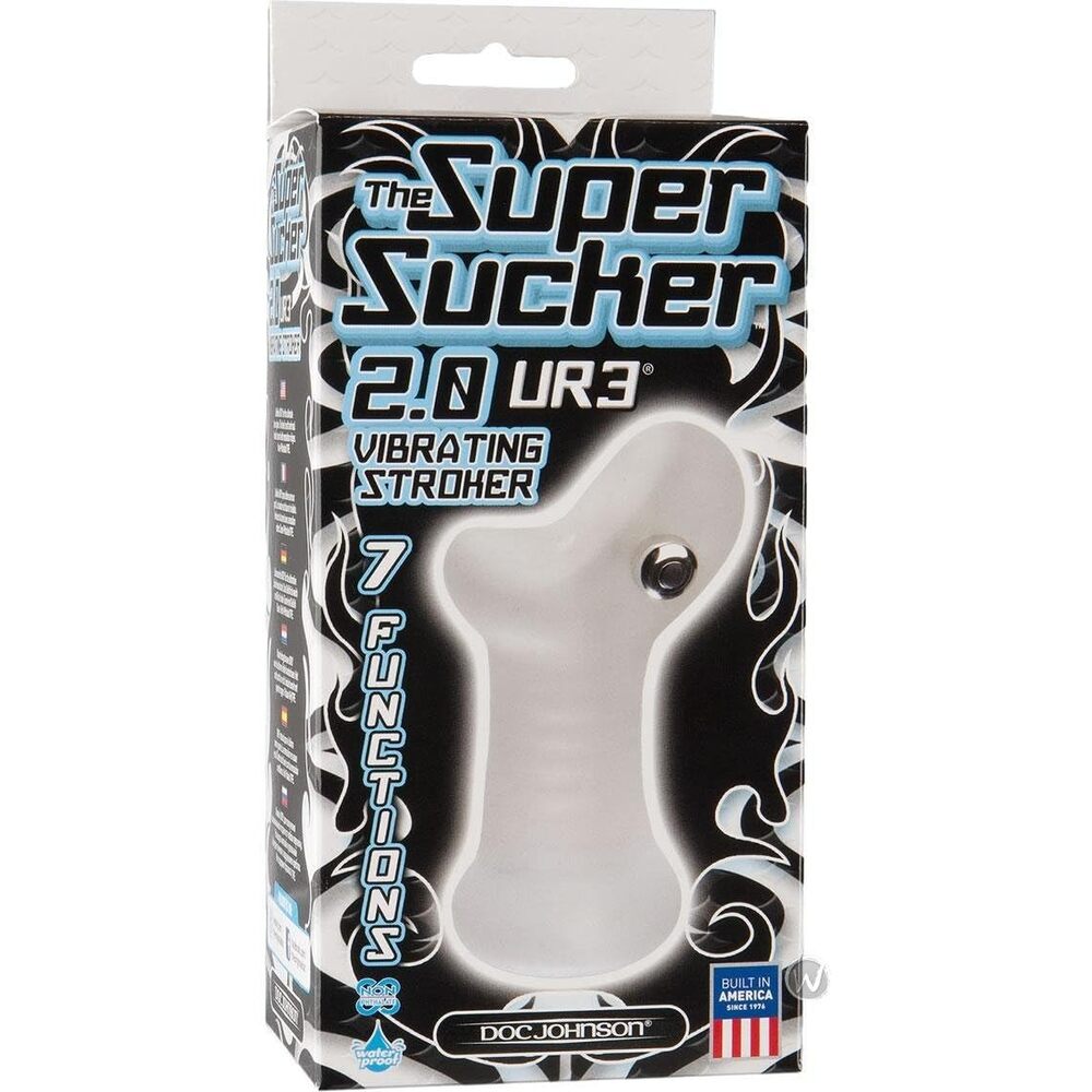 The product image shows the packaging of "The Super Sucker 2.0 Vibrating Stroker" with a predominantly black and white design.
