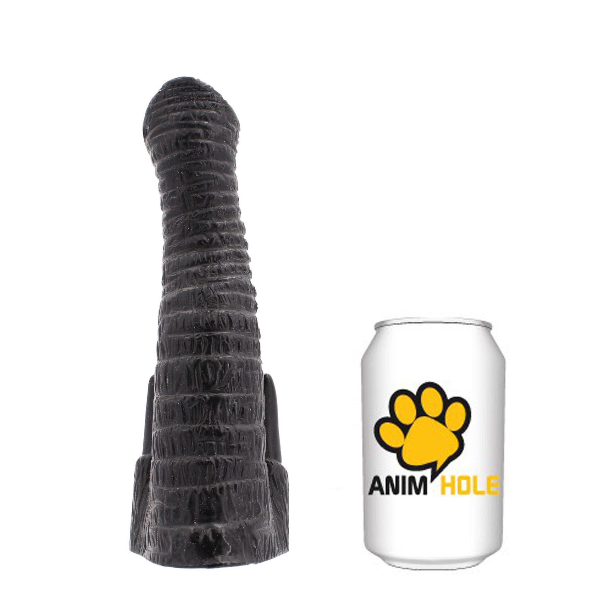 Gray textured object resembling a dog toy next to a white can with a yellow paw logo and 'Anim Hole' text on a white background.