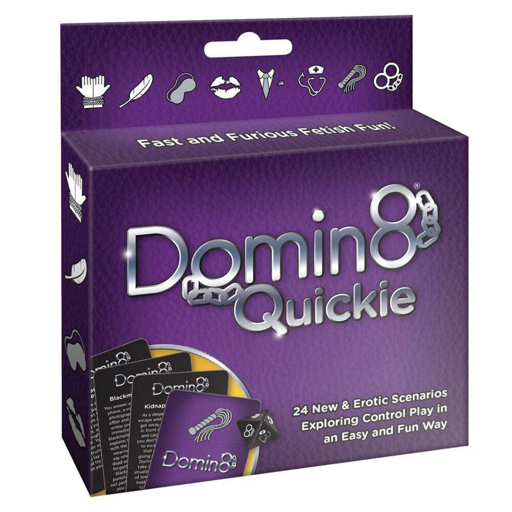The product image shows the packaging of the Domin8 Quickie Card Game which is predominantly purple. The box is labeled with the product name and mentions that it includes 24 new Domin8 scenarios.