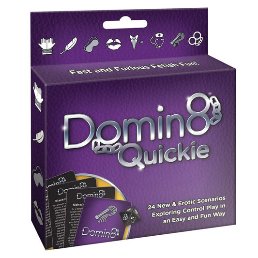 The product image shows the packaging of the Domin8 Quickie Card Game which is predominantly purple. The box is labeled with the product name and mentions that it includes 24 new Domin8 scenarios.