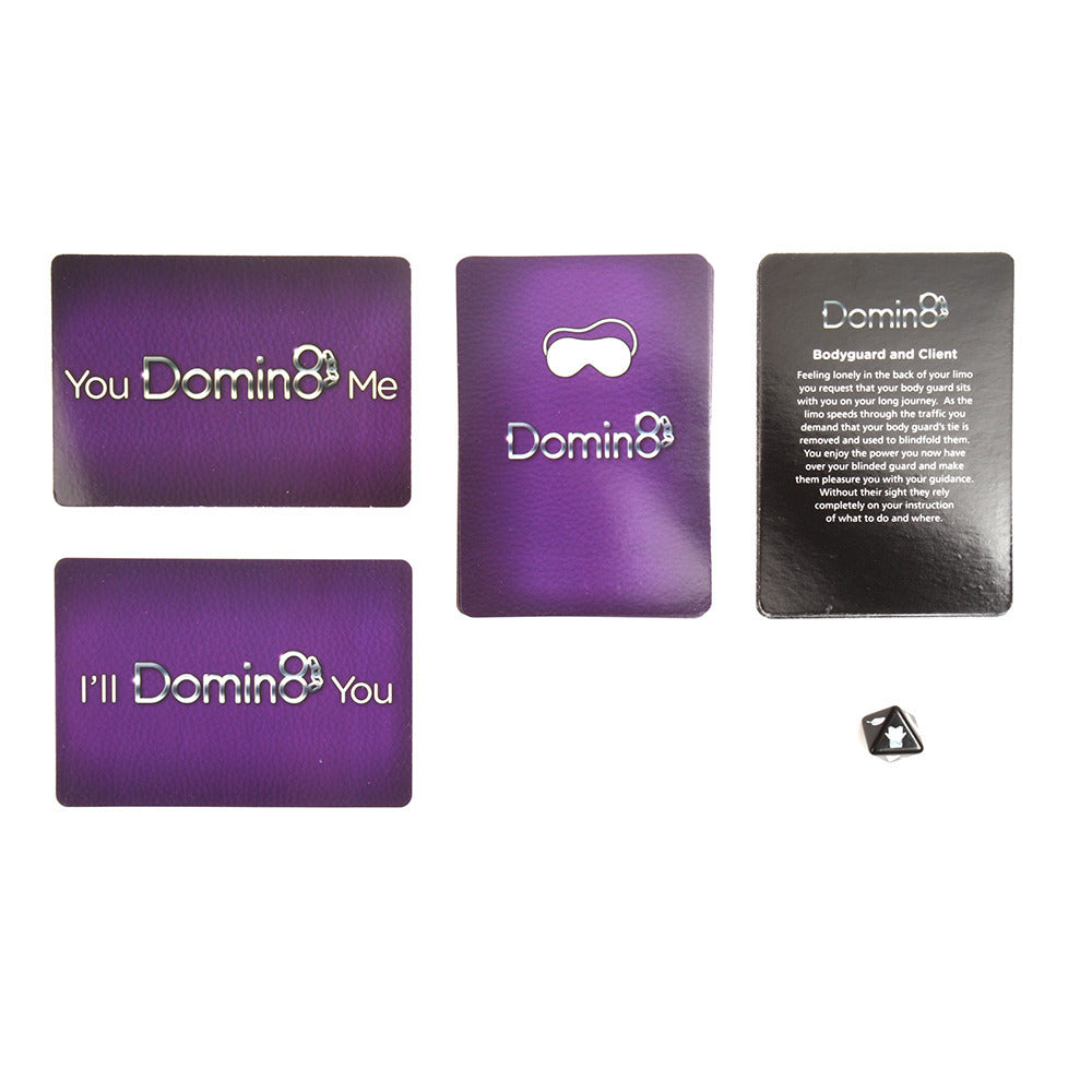 The product image shows the packaging of the Domin8 Quickie Card Game which is predominantly purple. The box is labeled with the product name and mentions that it includes 24 new Domin8 scenarios.