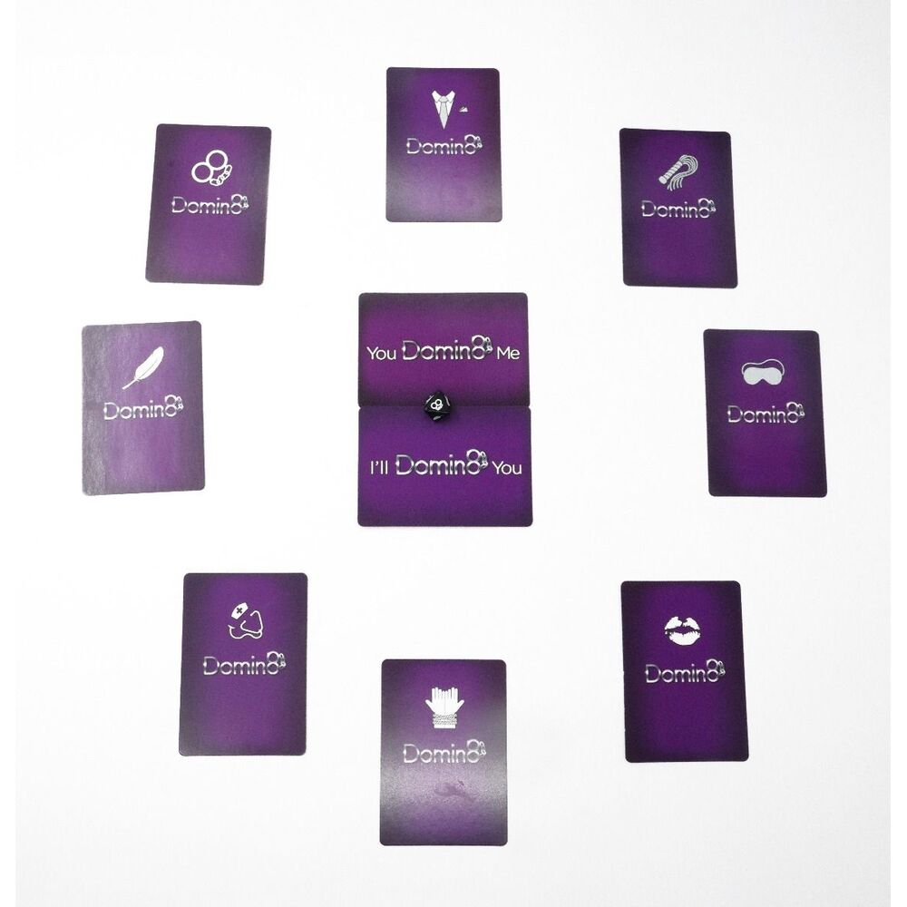 The product image shows the packaging of the Domin8 Quickie Card Game which is predominantly purple. The box is labeled with the product name and mentions that it includes 24 new Domin8 scenarios.