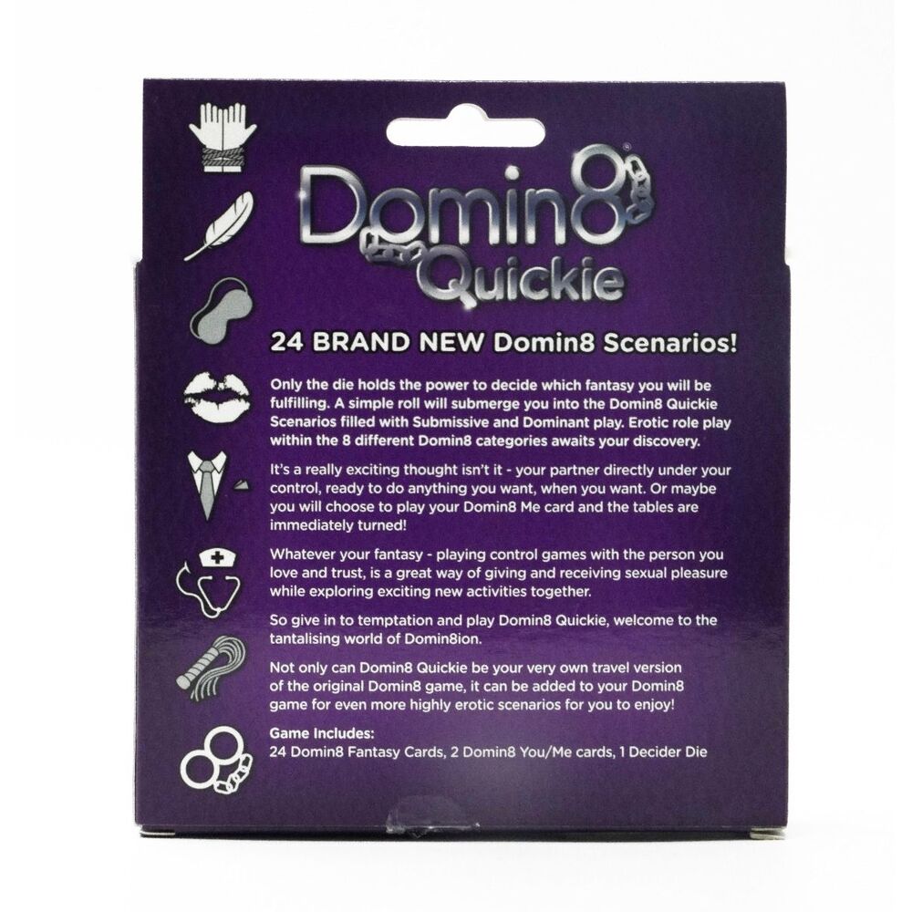 The product image shows the packaging of the Domin8 Quickie Card Game which is predominantly purple. The box is labeled with the product name and mentions that it includes 24 new Domin8 scenarios.