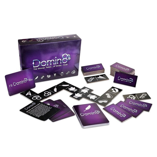 The image shows the board game Domin8, which includes a game box, domino-like cards, and scenario cards with a purple and black color scheme.
