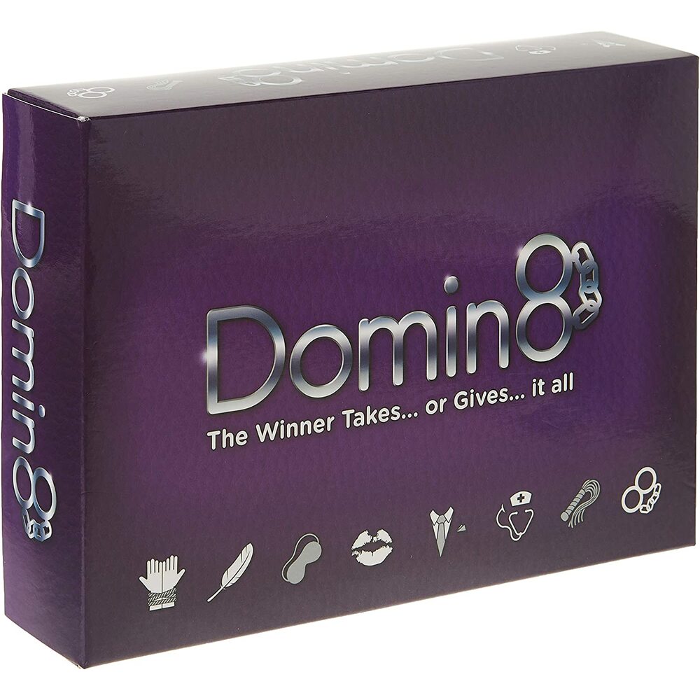 The image shows the board game Domin8, which includes a game box, domino-like cards, and scenario cards with a purple and black color scheme.