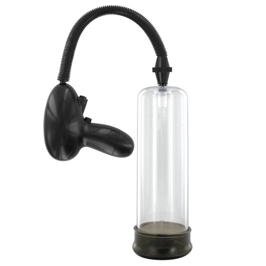 Black handheld vacuum with a clear cylindrical container on a white background