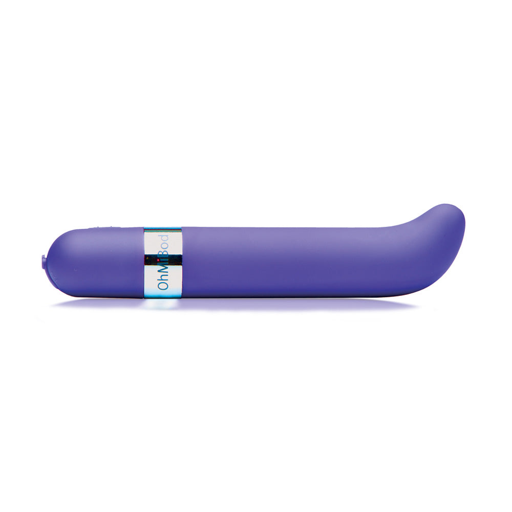 A purple, curved vibrator with a smooth finish and a chrome accent near the base. The handle displays the OhMiBod brand logo.