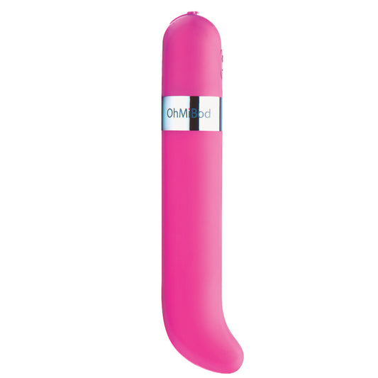 A pink, cylindrical vibrator with a curved design at the bottom, featuring a silver band with the OhMiBod brand logo.