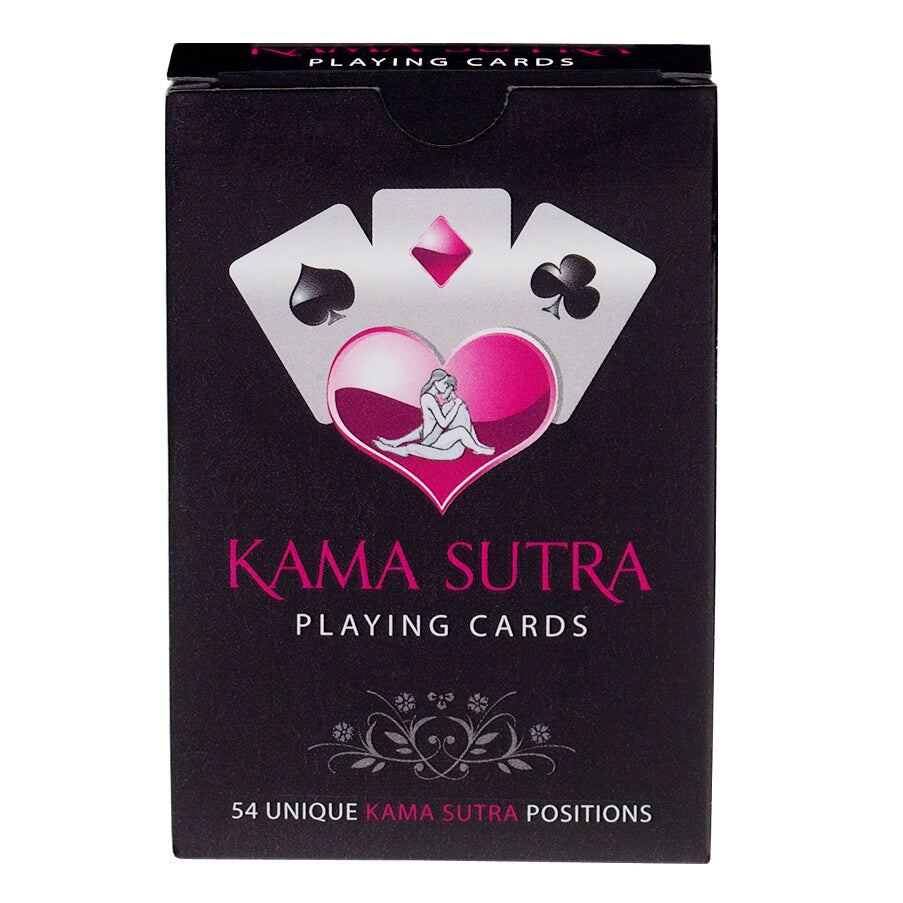 The image displays a box of Kama Sutra Playing Cards, which contains 54 playing cards, each featuring a unique Kama Sutra position. The packaging is sleek and black, with a graphic design that includes a white heart and symbols of the four suits in a stylized representation.