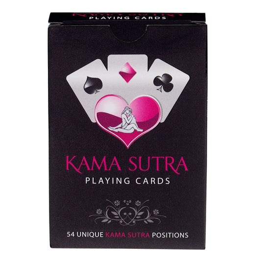 The image displays a box of Kama Sutra Playing Cards, which contains 54 playing cards, each featuring a unique Kama Sutra position. The packaging is sleek and black, with a graphic design that includes a white heart and symbols of the four suits in a stylized representation.