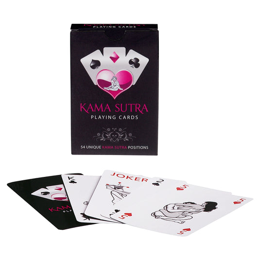 The image displays a box of Kama Sutra Playing Cards, which contains 54 playing cards, each featuring a unique Kama Sutra position. The packaging is sleek and black, with a graphic design that includes a white heart and symbols of the four suits in a stylized representation.