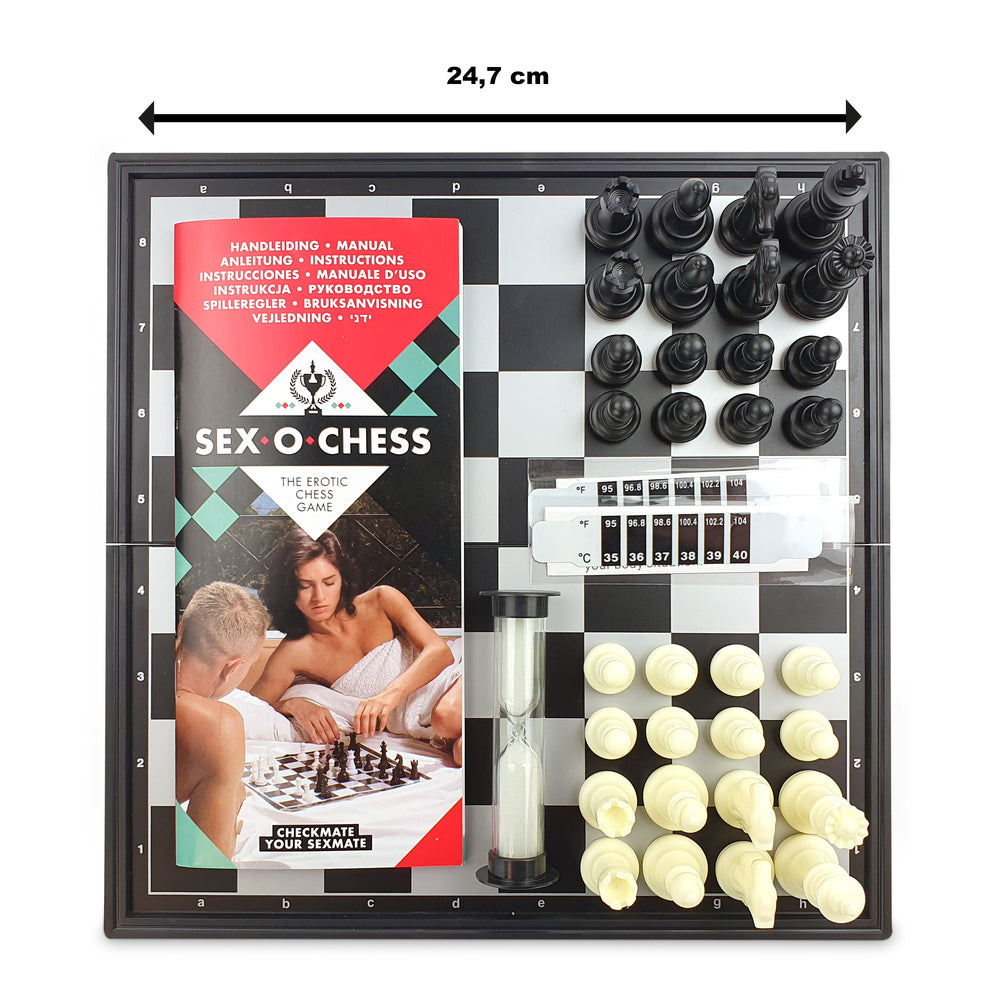 The image shows a man and a woman playing the Sex O Chess game. They are lying on a bed, and the woman is holding a chess piece, while the man looks focused on the game.