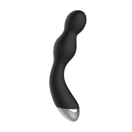 A sleek, black G-spot vibrator with a curved design, featuring two electrostimulation points. The vibrator has a ribbed texture and a smooth silicone finish.