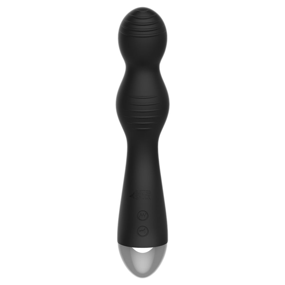 A sleek, black G-spot vibrator with a curved design, featuring two electrostimulation points. The vibrator has a ribbed texture and a smooth silicone finish.