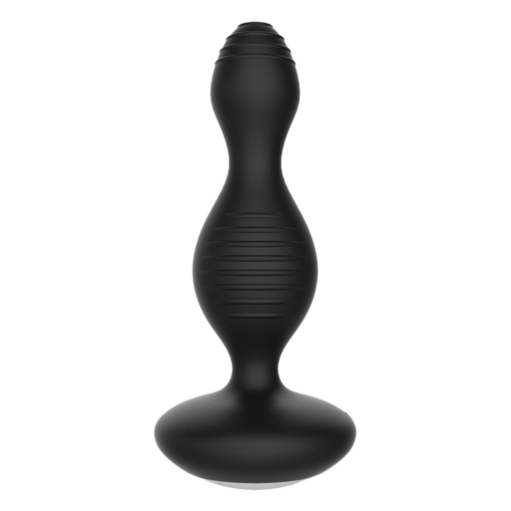 Black silicone butt plug on a white background
