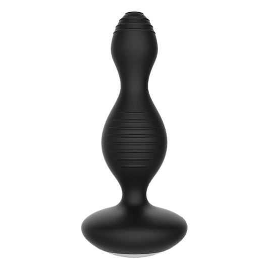 Black silicone butt plug on a white background