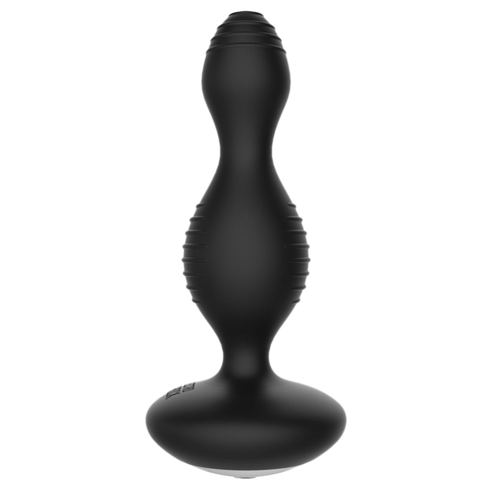 Black silicone butt plug on a white background