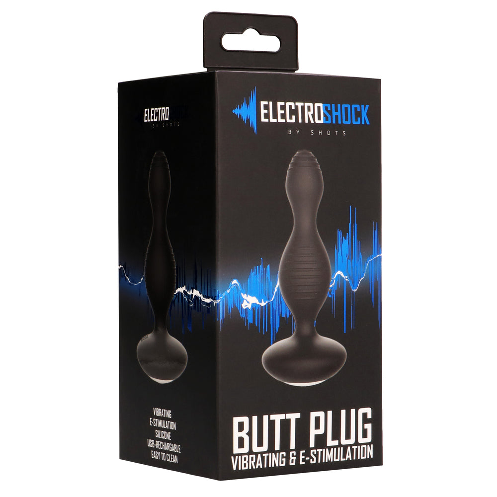 Box of Electrishock butt plug with blue and black design on a white background