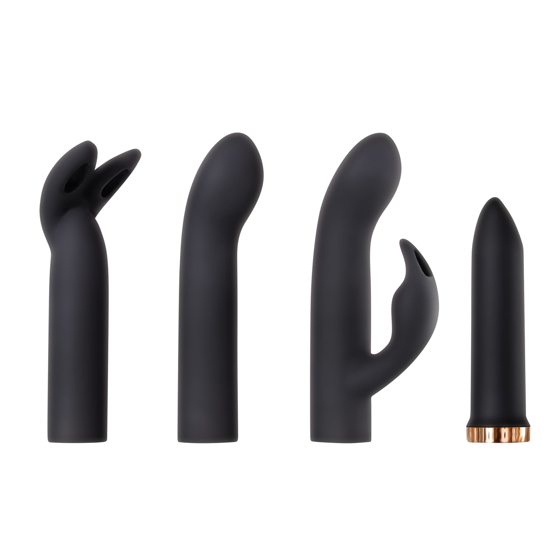 A set of black silicone sleeves with a variety of shapes for the Evolved Four Play Vibe Kit, including a flat end tip bullet, a G-Spot sleeve, bunny ears, and a dual stim sleeve, all displayed in a row with a copper finish bullet in the background.