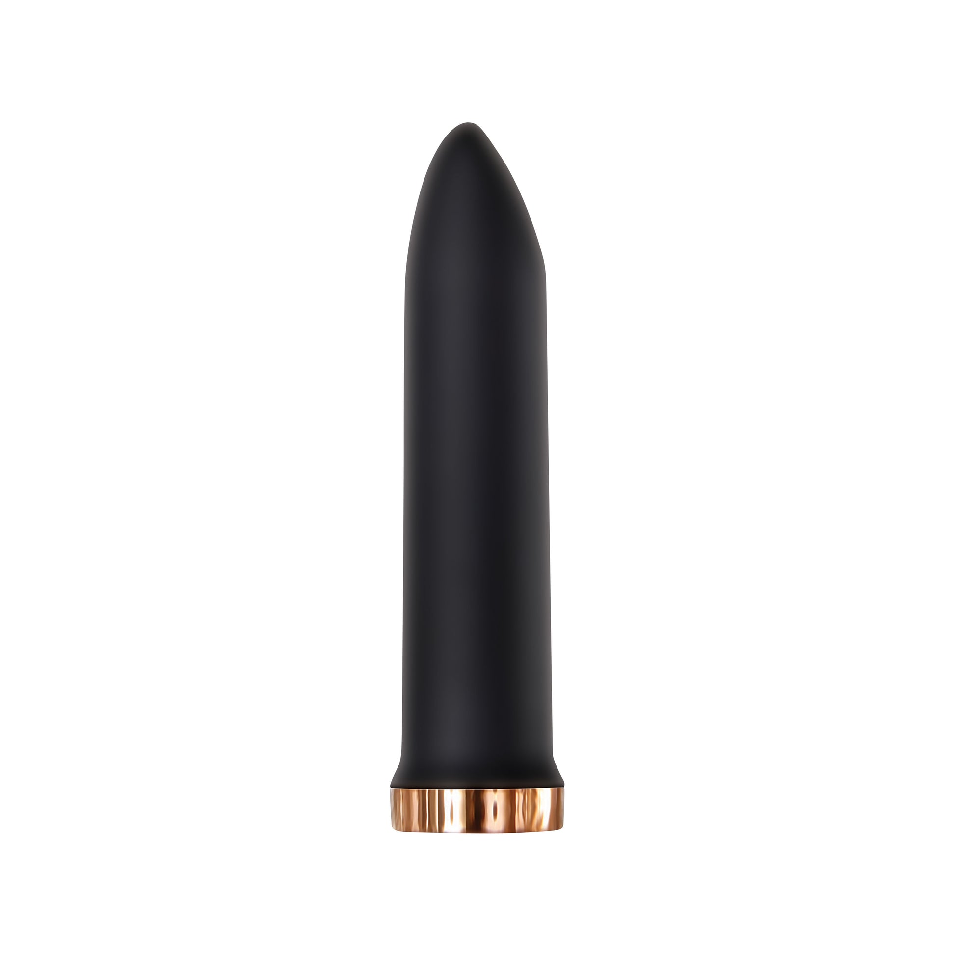 A set of black silicone sleeves with a variety of shapes for the Evolved Four Play Vibe Kit, including a flat end tip bullet, a G-Spot sleeve, bunny ears, and a dual stim sleeve, all displayed in a row with a copper finish bullet in the background.