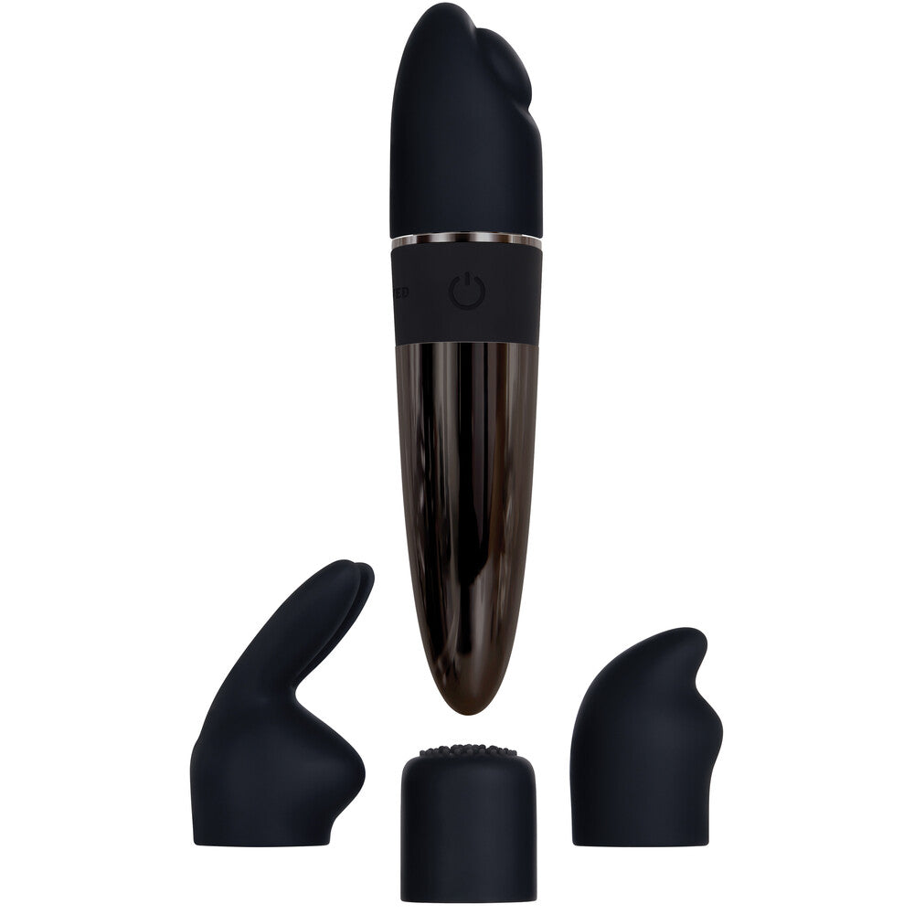 A black, chrome-finished mini-vibe with four detachable silicone caps showing a variety of shapes: fin, flat raised circle, bunny ears, and a tickler top.