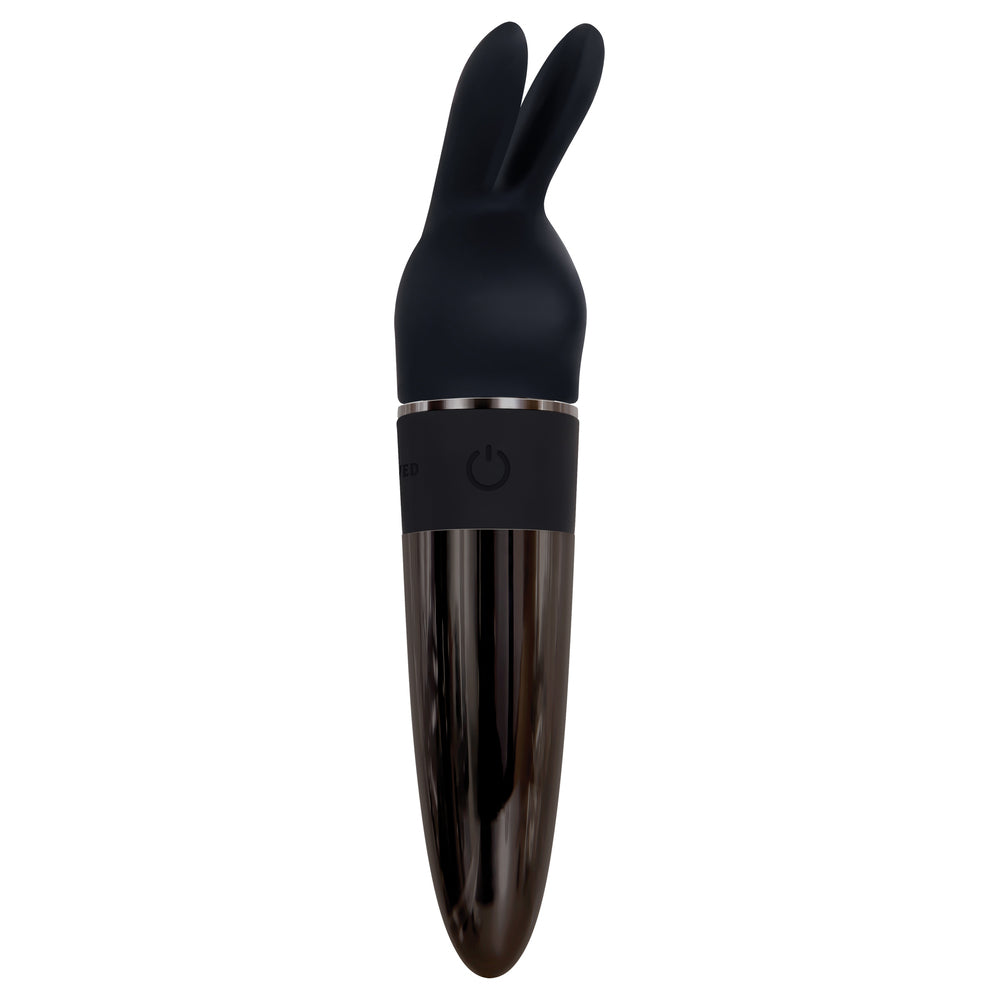 A black, chrome-finished mini-vibe with four detachable silicone caps showing a variety of shapes: fin, flat raised circle, bunny ears, and a tickler top.