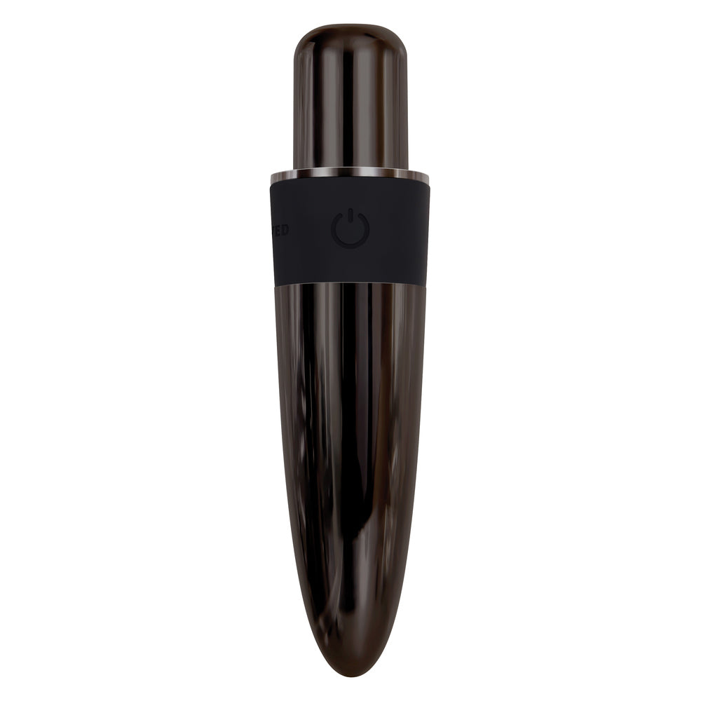 A black, chrome-finished mini-vibe with four detachable silicone caps showing a variety of shapes: fin, flat raised circle, bunny ears, and a tickler top.
