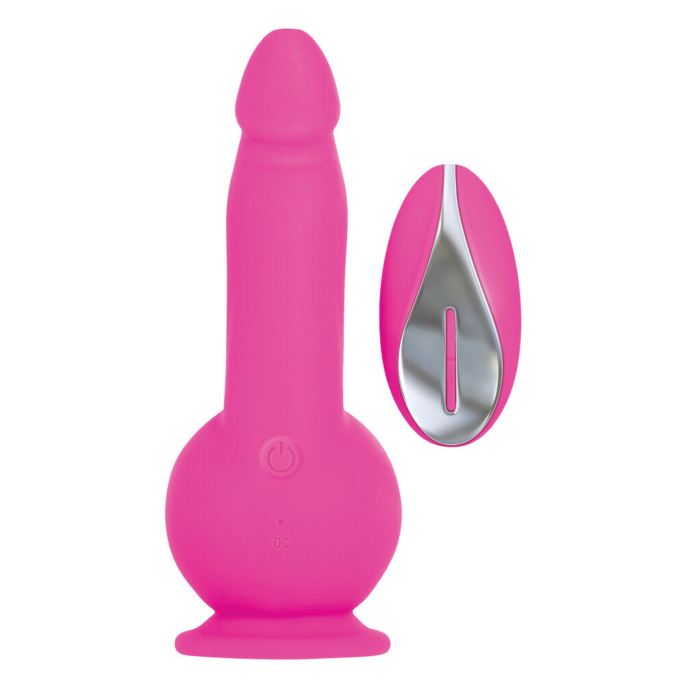 A pink, realistic-looking dildo with a rounded base and a metallic remote control.