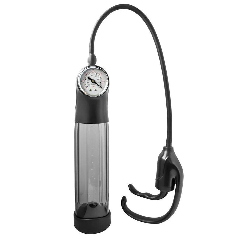 Black and clear bicycle pump with pressure gauge on a white background