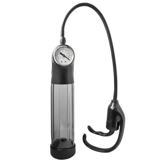 Black and clear bicycle pump with pressure gauge on a white background