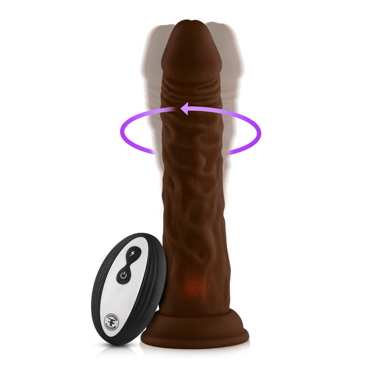 A brown, realistic-looking penis vibrator with a wireless remote control. The vibrator shows detailed textures and a realistic design, while the remote control is simple with a few buttons.