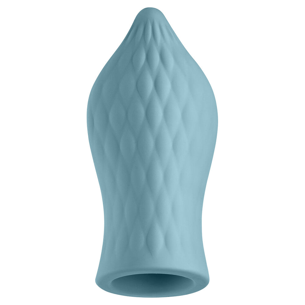 The product image shows a blue box packaging for FemmeFunn Versa Bullet With Sleeve. It includes a small bullet vibrator and a liquid silicone tongue-shaped sleeve.
