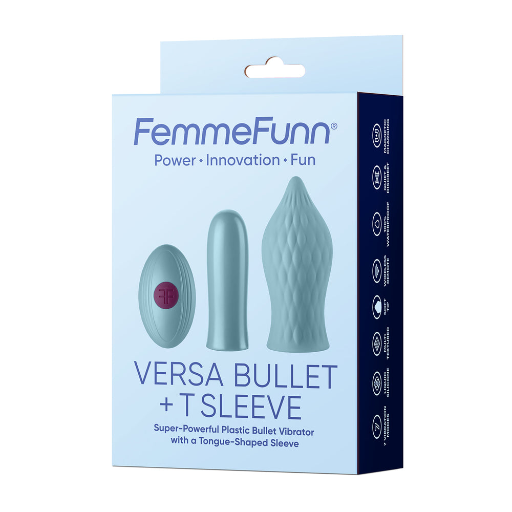 The product image shows a blue box packaging for FemmeFunn Versa Bullet With Sleeve. It includes a small bullet vibrator and a liquid silicone tongue-shaped sleeve.