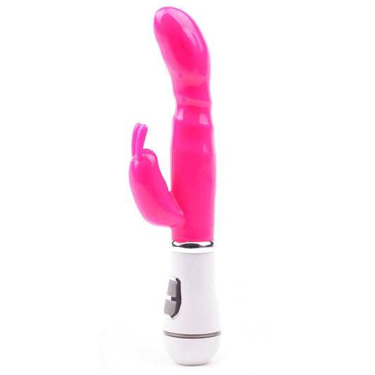 A neon pink rabbit vibrator with a slimline shaft, curved head, and bunny ears for clitoral stimulation. The device has a sleek design and a white and silver controller.