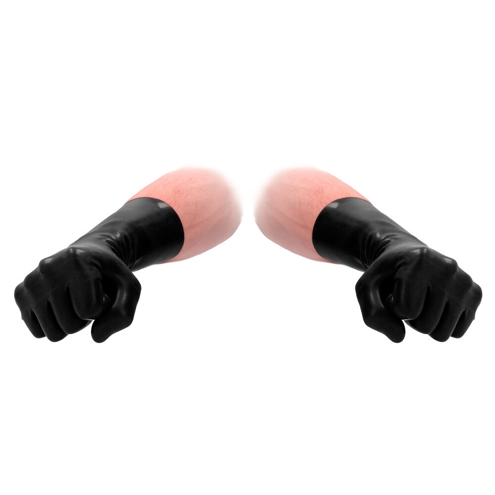 Black gloves on pink arms against a white background