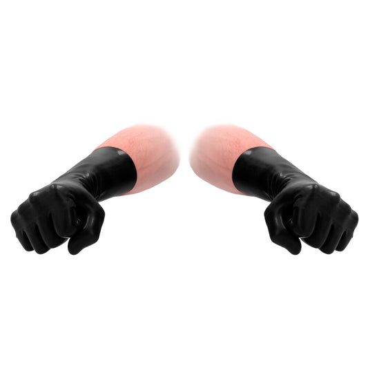 Black gloves on pink arms against a white background
