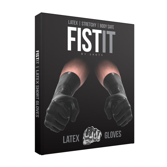 Box of FISTIT latex gloves with a black background and visible text.