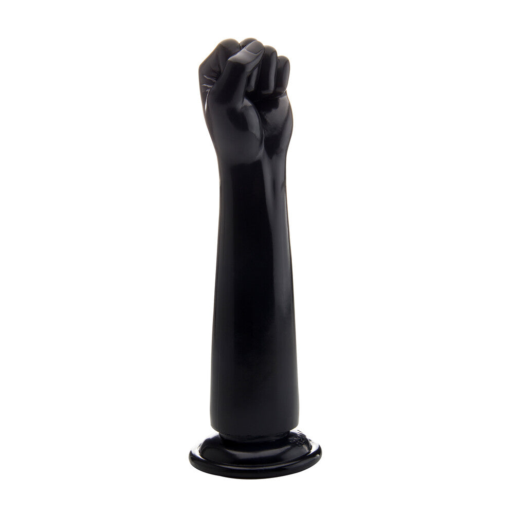 Black fist sculpture on a white background