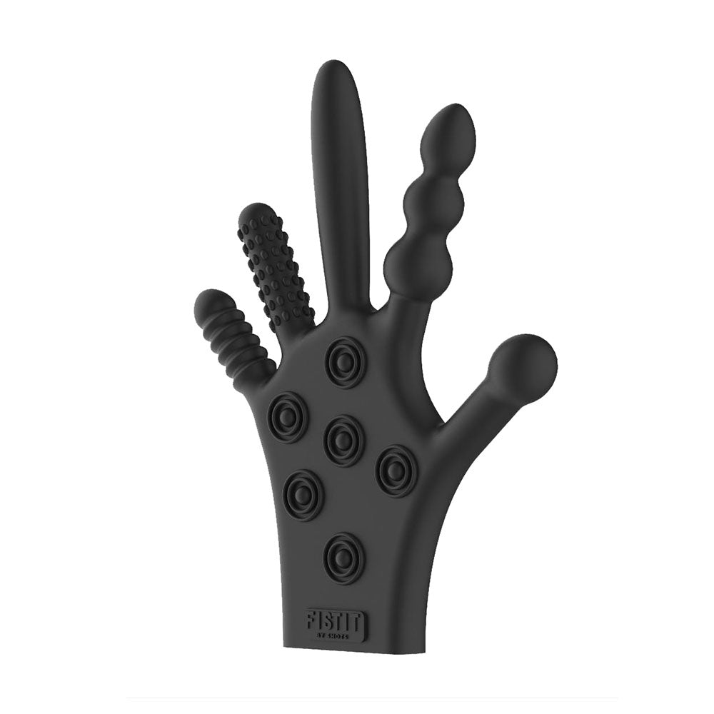 Black hand-shaped tool with textured fingers on a white background
