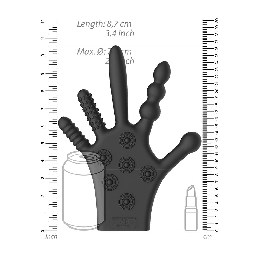 Black hand-shaped object with measurement scale on a white background