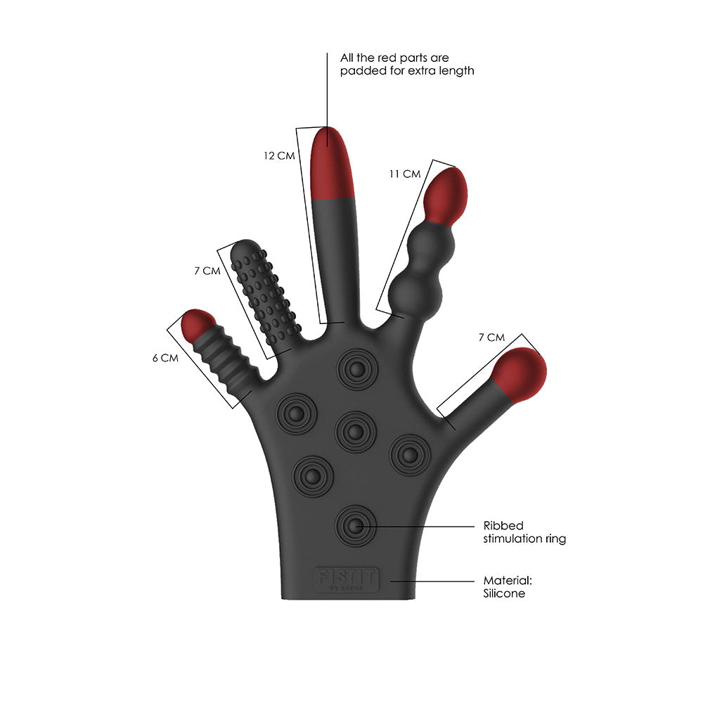 Black and red finger-like product with measurements and feature labels on a white background