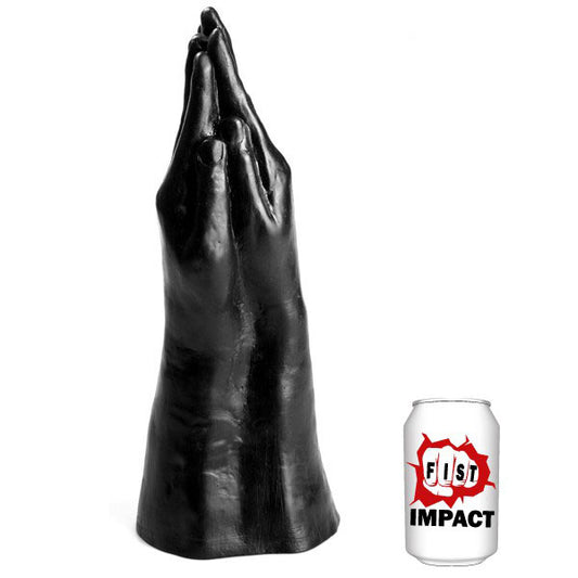 Black leather fist sculpture next to a can labeled 'Fist Impact' on a white background