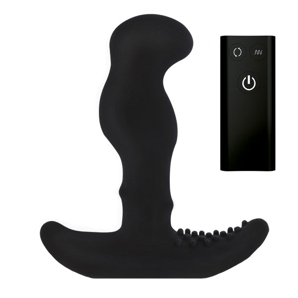 Black silicone device with remote control on a white background